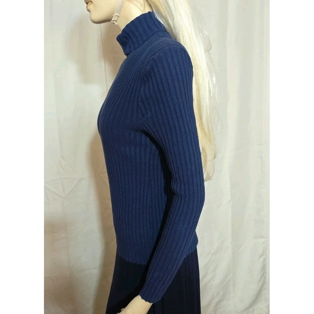Y2K American Pride Basic Navy Rib Knit Slim Fit Turtleneck Sweater Women's Large